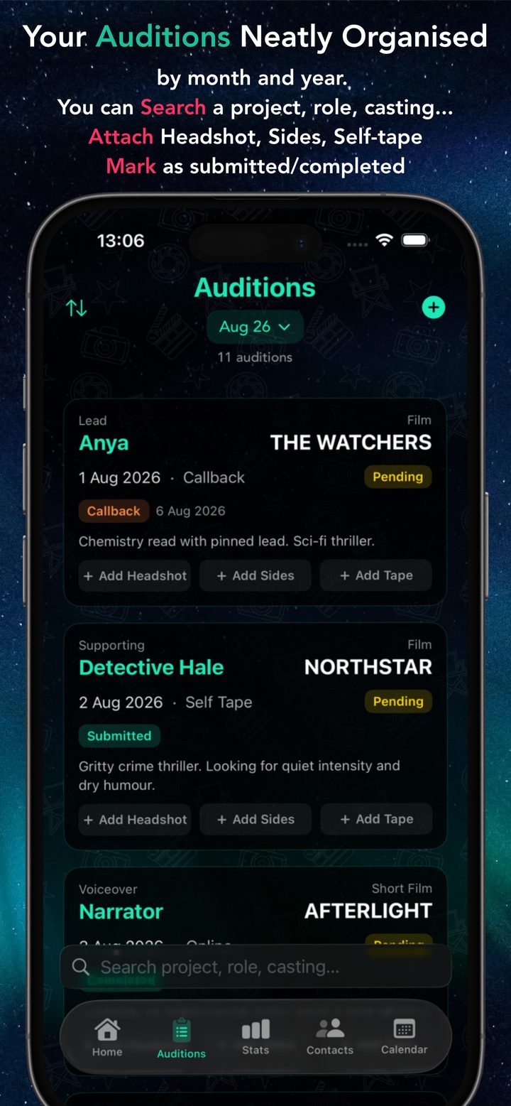 Auditions list with search, attachments, and status