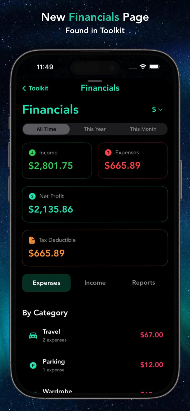 Financials page for income, expenses, and reports