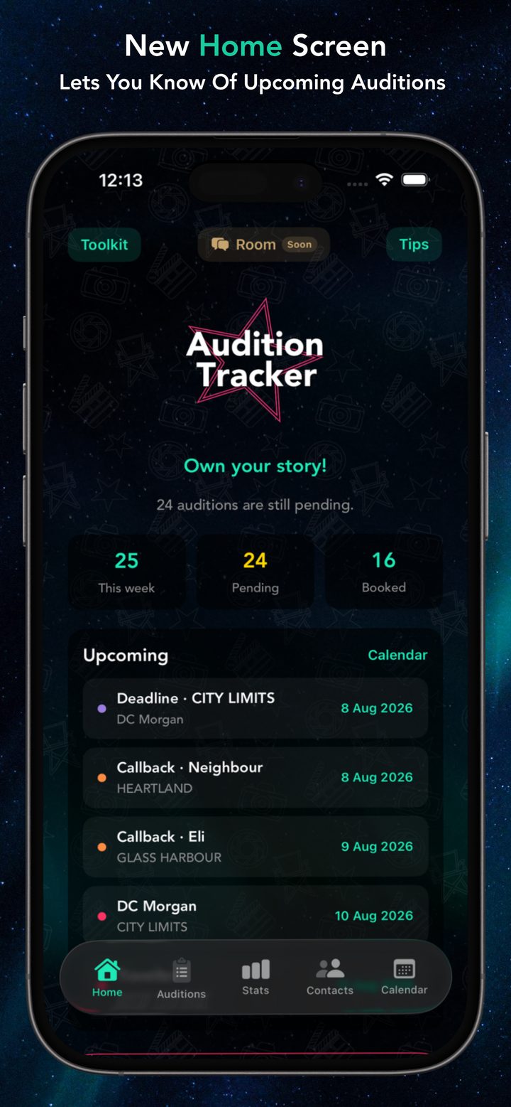 Home screen with upcoming auditions