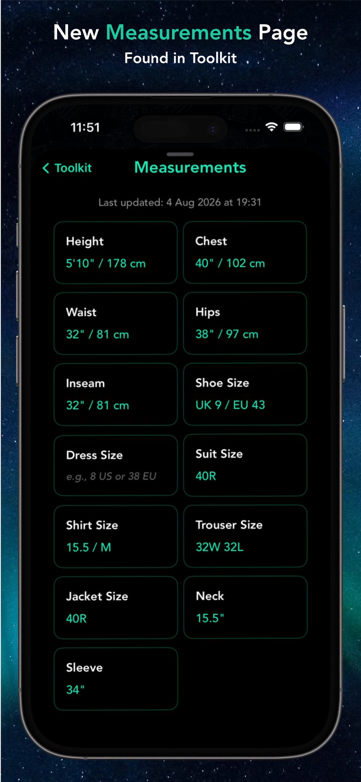 Measurements page for casting and fittings