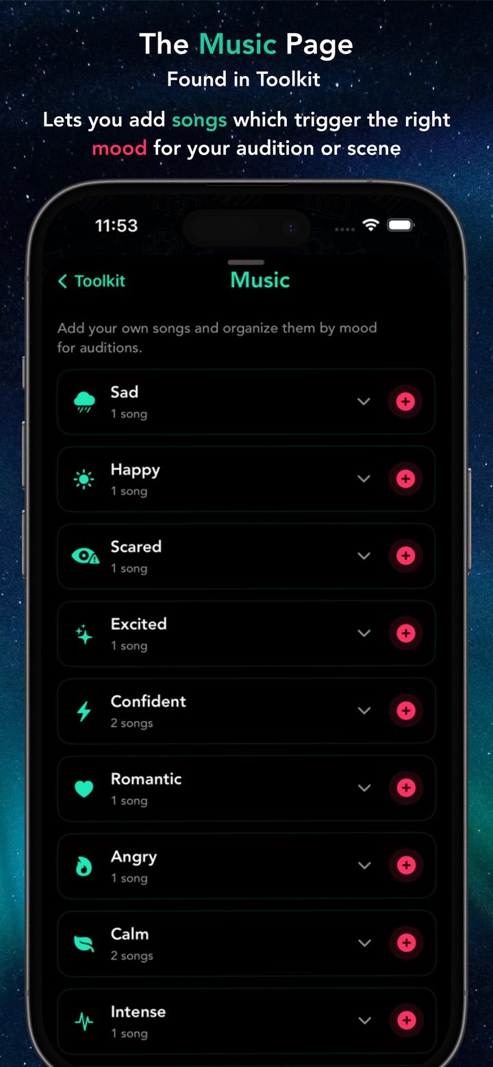 Music page with mood playlists for auditions